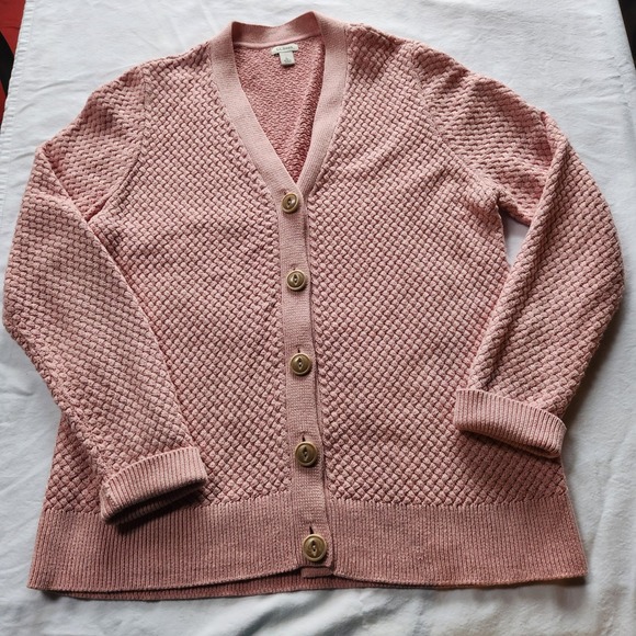 LLBean Sweaters - LLBean Dusty Rose Pink Textured Knit Cotton Button Front Cardigan Sweater,  L/P